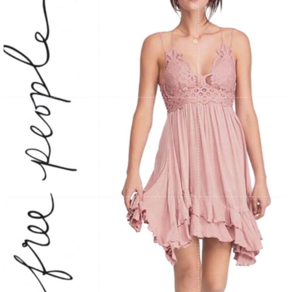Free People One Adella Slip Mini Dress Rose Crochet Lace Tiered Ruffle